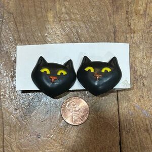 Vintage Large Plastic Black Cat Clip On Earrings